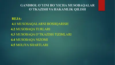 gandbol o`yini bo`yicha musobaqalar o`tkazish va hakamlik qilish — PPTX