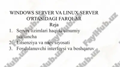 windows server va linux server o'rtasidagi farqlar — PPTX