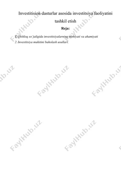 investitision dasturlar asosida investitsiya faoliyatini tashkil etish — DOCX
