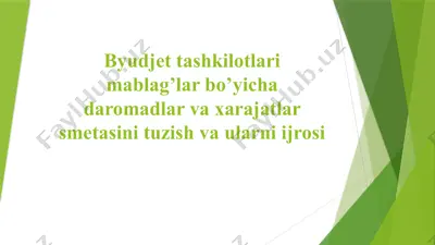 byudjet tashkilotlari mablag’lar bo’yicha daromadlar va xarajatlar smetasini tuzish va ularni ijrosi — PPTX