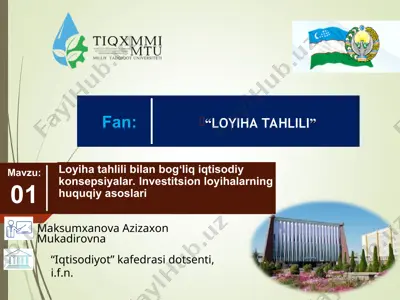 loyiha tahlili bilan bogʻliq iqtisodiy konsepsiyalar. investitsion loyihalarning huquqiy asoslari — PPT