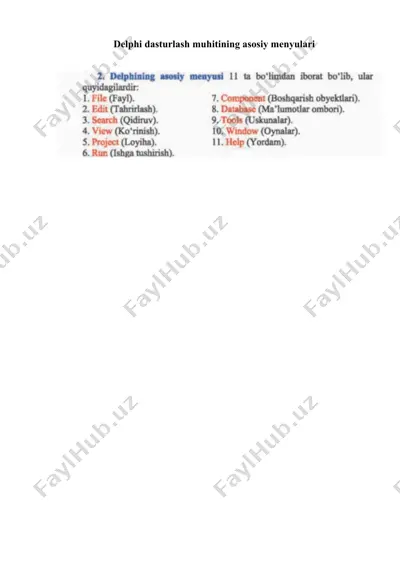 delphi dasturlash muhitining asosiy menyulari — DOCX