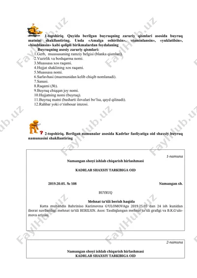 kadrlar faoliyatiga oid shaxsiy buyruq namunasi — DOCX