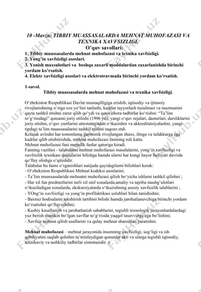 tibbiy muassasalarda mehnat muhofazasi va texnika xavfsizligi — DOCX