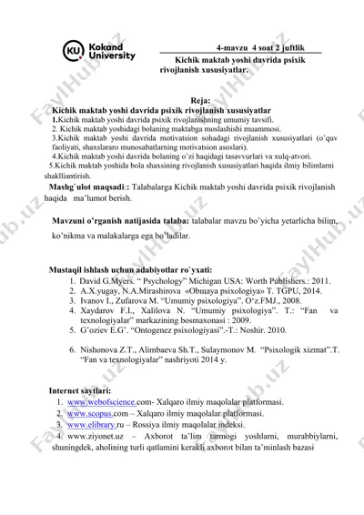 kichik maktab yoshi davrida psixik rivojlanish xususiyatlar — DOCX