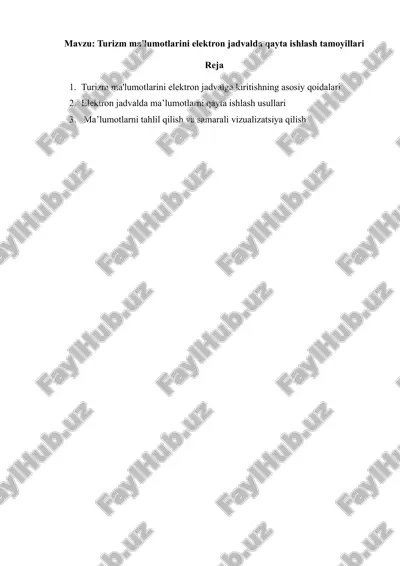turizm ma'lumotlarini elektron jadvalda qayta ishlash tamoyillari — PDF