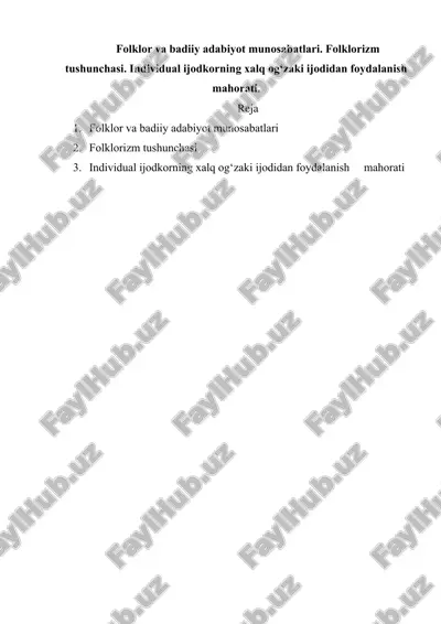 folklor va badiiy adabiyot munosabatlari — DOCX