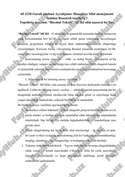 "baxmal tekstil" mchj sifat nazorat bo'limi — DOCX