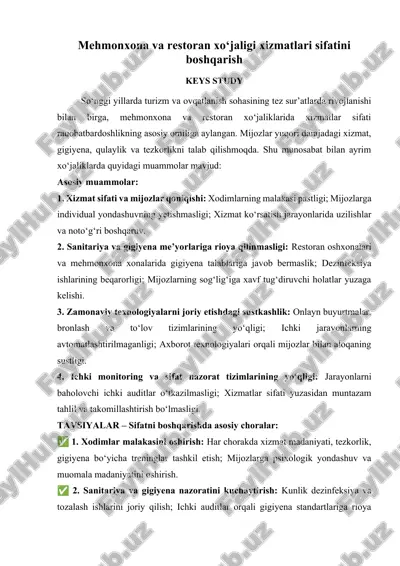 mehmonxona va restoran xo‘jaligi xizmatlari sifatini boshqarish — DOCX