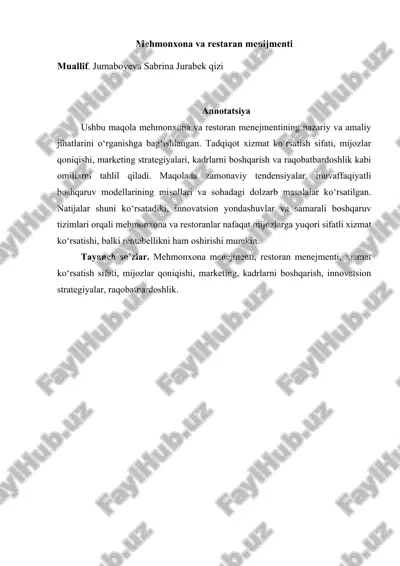 mehmonxona va restoran menijmenti — DOCX