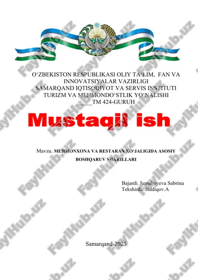 mehmonxona va restoran xôjaligida asosiy boshqaruv shakillari — DOCX