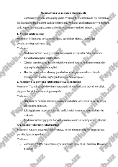 mehmonxona va restoran menejmenti — DOCX