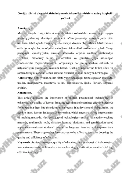 xorijiy tillarni oʻrganish tizimini yanada takomillashtirish va uning istiqbolli yoʻllari — DOCX