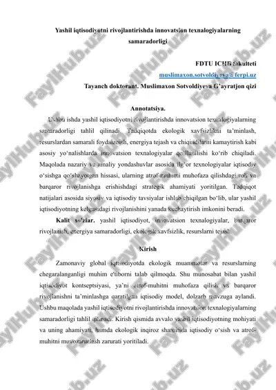 yashil iqtisodiyotni rivojlantirishda innovatsion texnalogiyalarning samaradorligi — DOCX