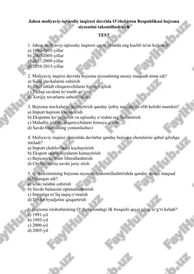 jahon moliyaviy-iqtisodiy inqirozi davrida o’zbekiston respublikasi bojxona siyosatini takomillashtrish — DOCX