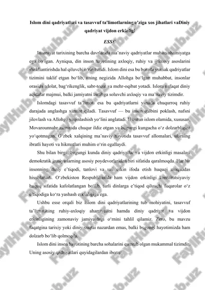 islom dini qadriyatlari va tasavvuf ta'limotlarining o'ziga xos jihatlari — DOCX
