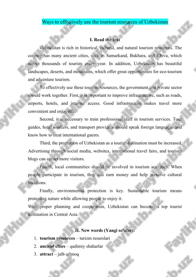 ways to effectively use the tourism resources of uzbekistan — DOCX