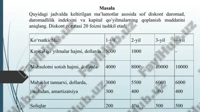 sof diskont daromadi, daromadlilik indeksi va kapital qo‘yilmalarning qoplanish muddati — PPTX