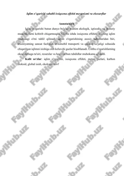 iqlim o'zgarishi sababli issiqxona effekti mexanizmi va ekoxavflar — DOCX