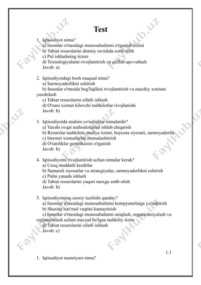 iqtisodiyot nazariyasidan testlar 1-kurs — DOCX
