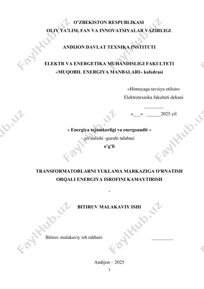 transformatorlarni yuklama markaziga o'rnatish orqali energiya isrofini kamaytirish — DOCX