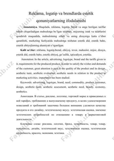 reklama, logatip va brendlarda estetik qonuniyatlarning ifodalanishi — DOCX