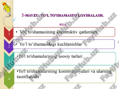 yo'l to'shamasini loyihalash — PPT
