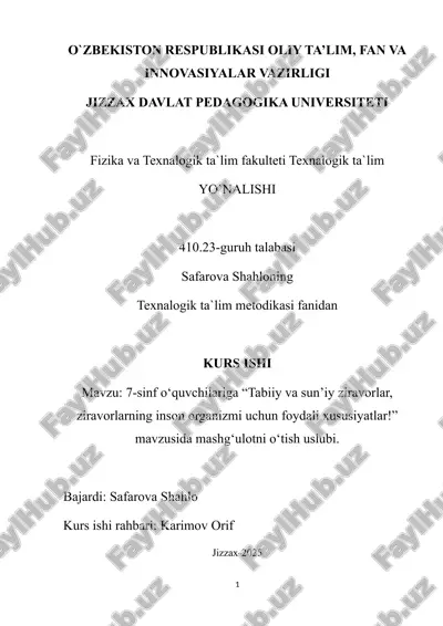 7-sinf o‘quvchilariga “tabiiy va sun’iy ziravorlar, ziravorlarning inson organizmi uchun foydali xususiyatlar!” mavzusida mashg‘ulotni o‘tish uslubi — DOCX