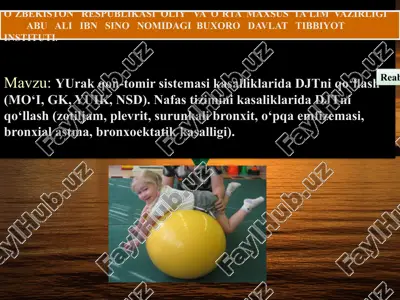 yurak qon-tomir sistemasikasalliklaridadjtni qo‘llash (mo‘i, gk, yuik, nsd). nafas tizimini kasaliklarida djtni qo‘llash (zotiljam, plevrit, surunkali bronxit, o‘pqa emfizemasi, bronxial astma, bronxoektatik kasalligi). — PPTX