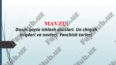 donni qayta ishlash asoslari. un chiqish miqdori va navlari. yanchish turlari. (taqdimot) — PPTX