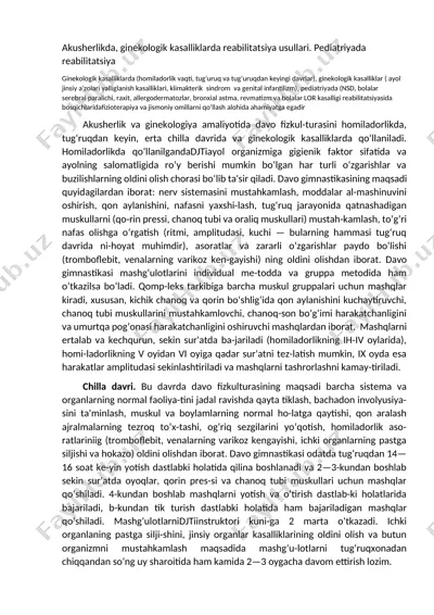 reabilitatsiya usullari akusherlikda, ginekologik kasalliklar va pediatriyada — DOCX