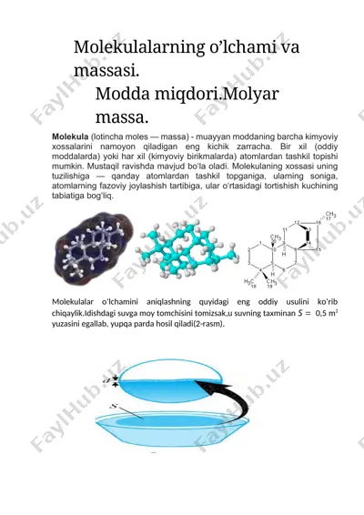 molekulalar o’lchami va massasi — DOCX