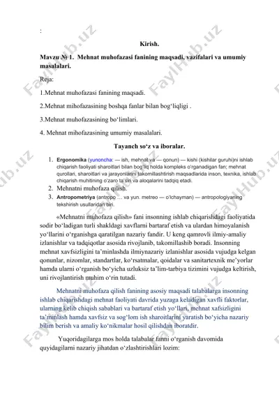 mehnat muhofazasi — DOCX