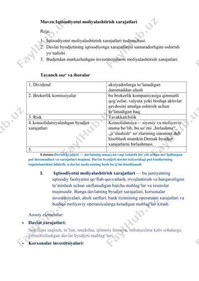 iqtisodiyotni moliyalashtirish xarajatlari — DOCX