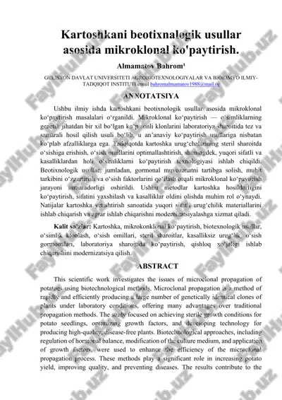 kartoshkani beotixnalogik usullar asosida mikroklonal ko'paytirish — DOCX