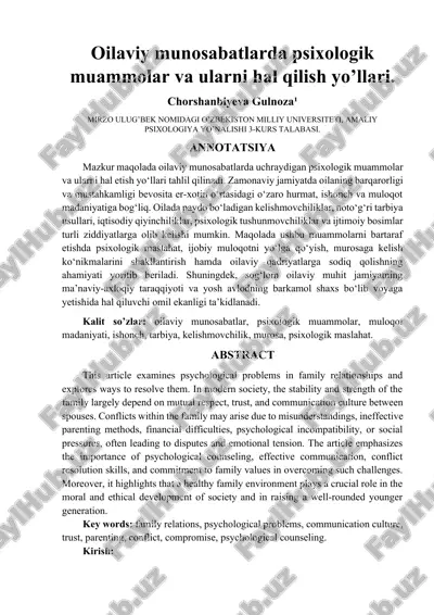 oilaviy munosabatlarda psixologik muammolar va ularni hal qilish yo’llari — DOCX