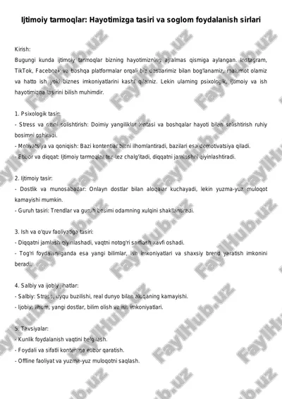 ijtimoiy tarmoqlar: hayotimizga tasiri va soglom foydalanish sirlari — PDF