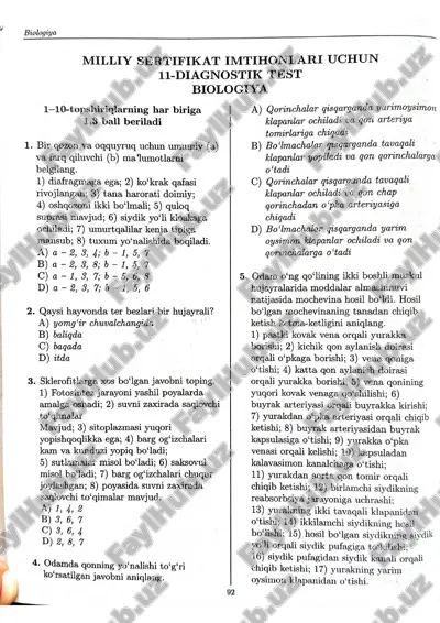 milliy sertifikat imtihonlari uchun 11-diagnostik test biologiya — PDF