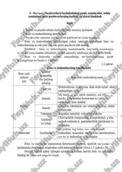 ma’ruza. poydevorlarni loyihalashdagi asosiy xususiyatlar, tabiiy zamindagi sayoz poydevorlarning tuzilishi va ularni hisoblash — PDF