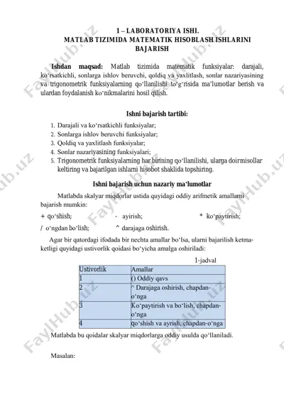 matlab tizimida matematik hisoblash ishlari bajarish — PDF