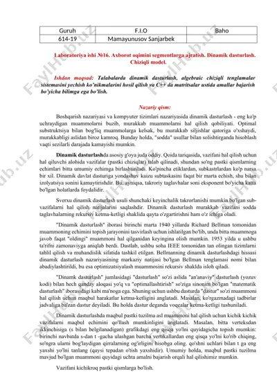 laboratoriya ishi №16. axborot oqimini segmentlarga ajratish. dinamik dasturlash. chiziqli model. — DOCX