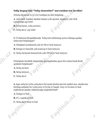 soliq huquqi fani “soliq elementlari” mavzusidan test savollari — DOCX