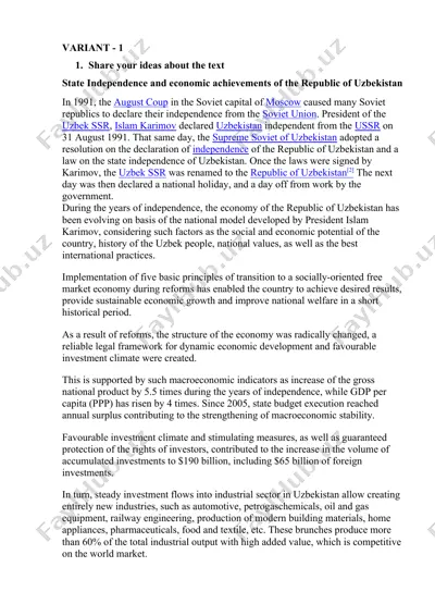 state independence and economic achievements of the republic of uzbekistan — DOCX
