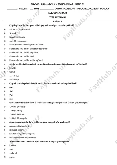 sanoat ekologiyasi test savollari — DOC