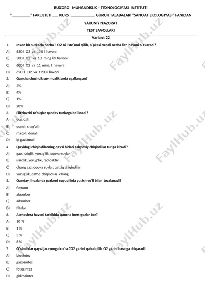 "sanoat ekologiyasi" fanidan test savollari — DOC