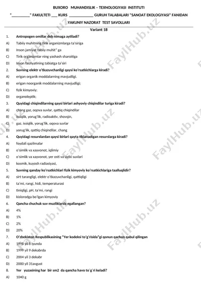 "sanoat ekologiyasi" fanidan yakuniy nazorat test savollari — DOC