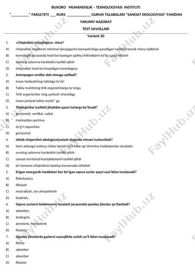 sanoat ekologiyasi test savollari — DOC
