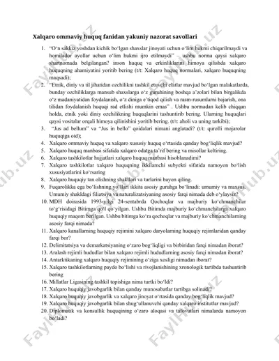 xalqaro ommaviy huquq fanidan yakuniy nazorat savollari — DOCX