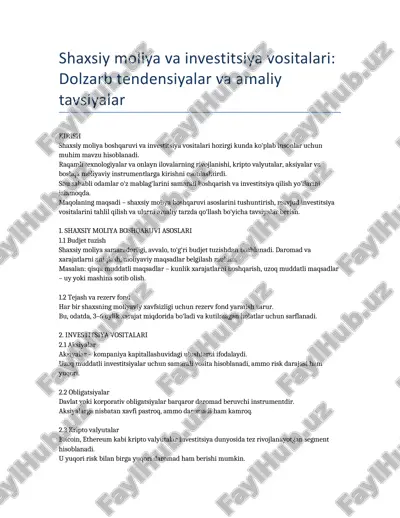 shaxsiy moliya va investitsiya vositalari: dolzarb tendensiyalar va amaliy tavsiyalar — DOCX