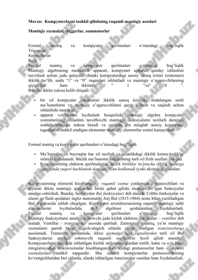 kompyuterlarni tashkil qilishning raqamli mantiqiy asoslari — DOCX